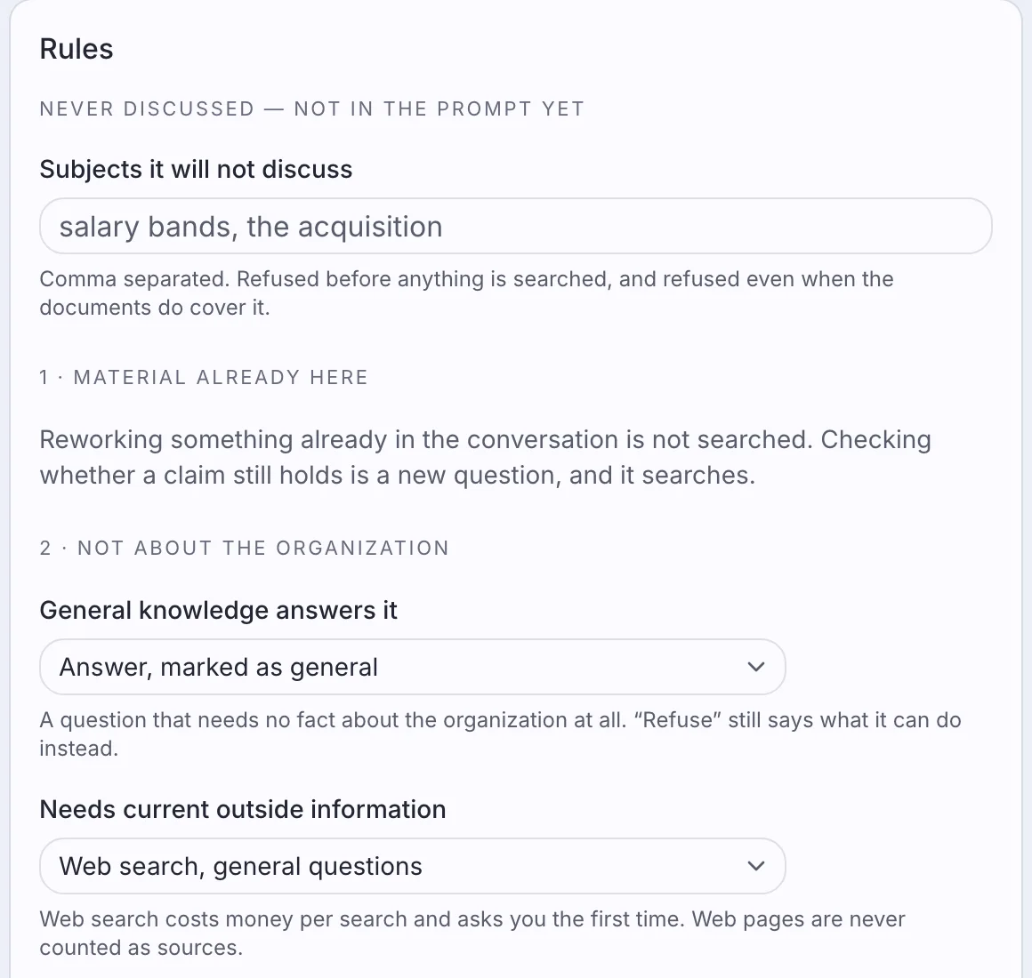 Settings for how an agent handles restricted topics, questions outside its documents, and web searches